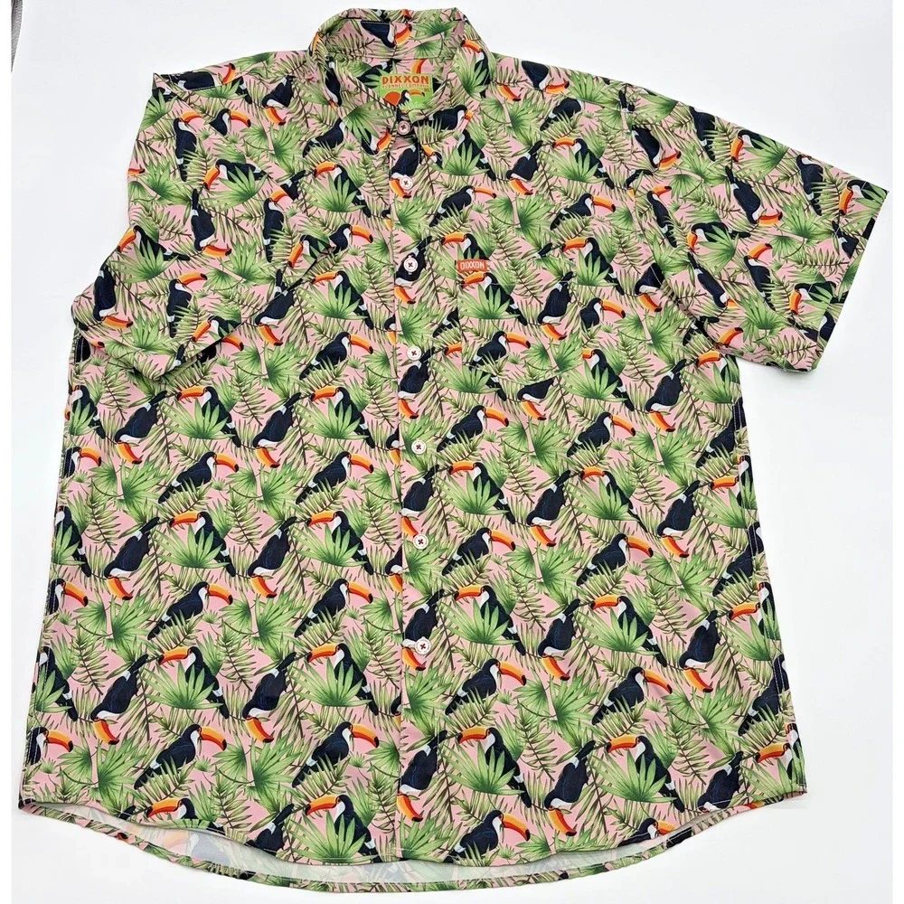 Dixxon Shirt Mens XL Pink Green Toucan Do It Hawaiian Button Up Tropical Bird
